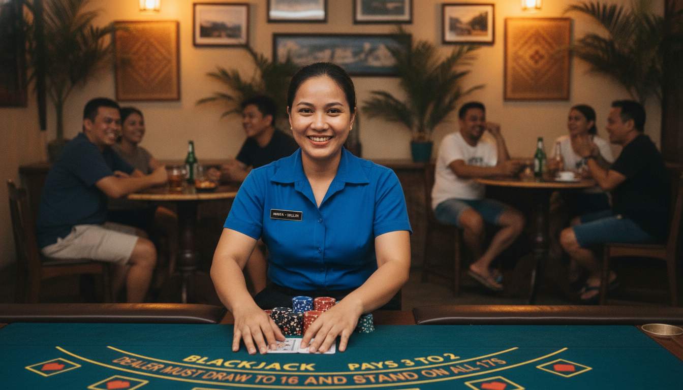 Live casino action with local dealers Filipina dealer hosting a live casino game in a welcoming environment