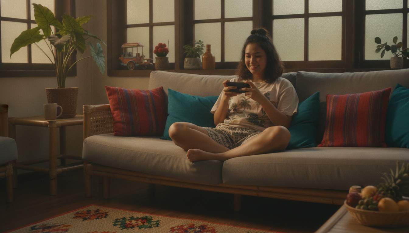 Filipina woman enjoying online casino games on her phone