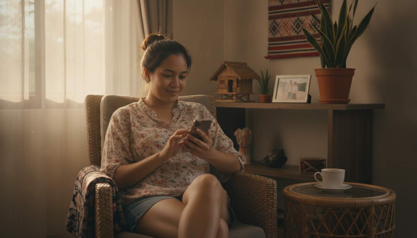 Filipina woman using her phone in a relaxed home setting, representing secure online casino login