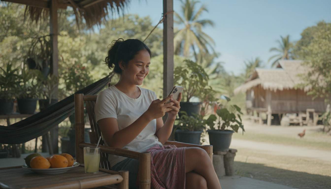 Filipina woman enjoying slots games on her mobile device